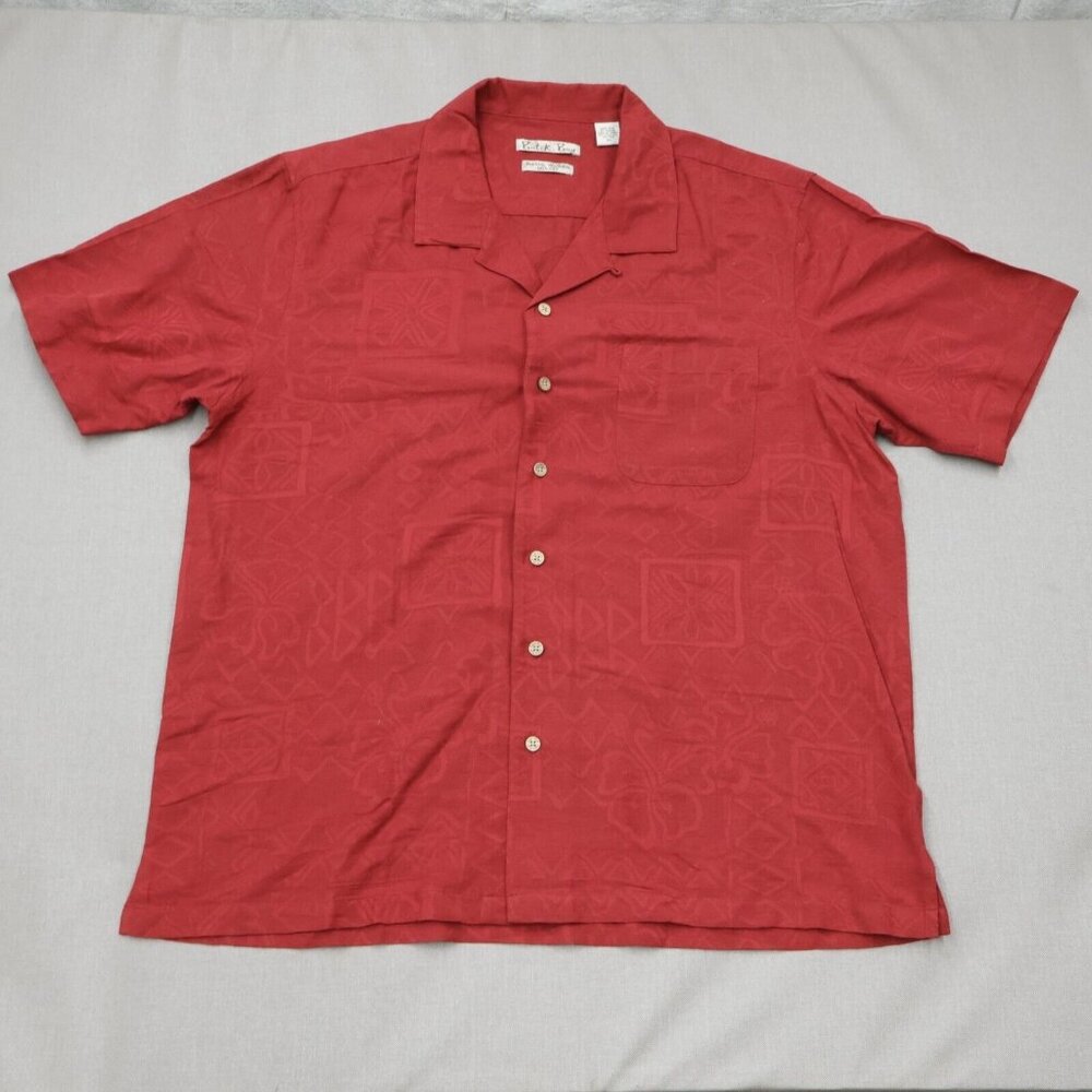 Vtg Batik Bay Men XL 100% Silk Shirt Cuban Style Resortwear Beachy Woven Pattern